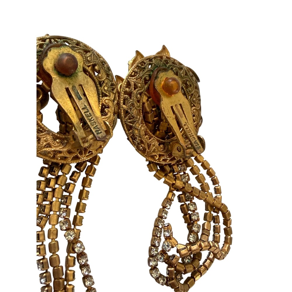 Vintage Miriam Haskell SIgned Gold Tone Rhinestone Waterfall Chandelier Earrings - Picture 11 of 11